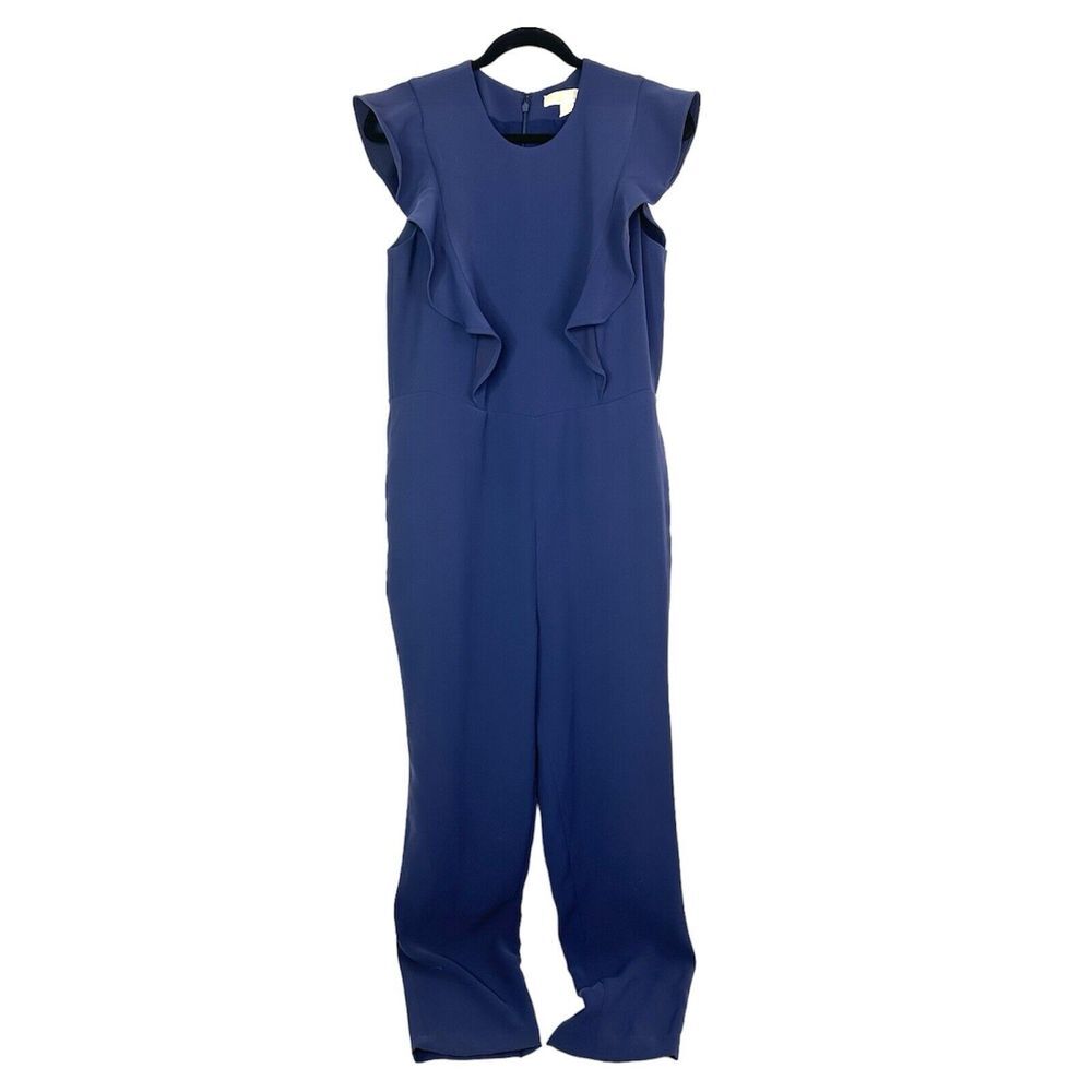 Michael Kors Jumpsuit Women's Medium Ruffle Zipper Pockets Business Casual Navy